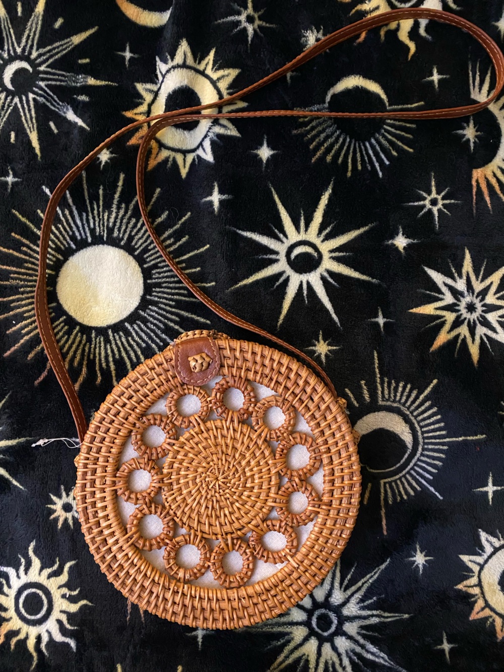 Round Woven Rattan Crossbody Bag in Natural Brown